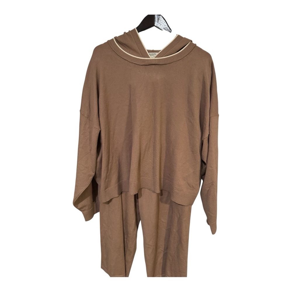 Max Studio 2 Piece Knit Lounge Set XL Taupe Hooded Sweater Wide Leg Pants NWT - Picture 2 of 8